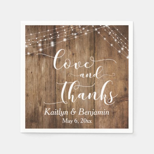 Rustiek Hout w / Witte Lichten, Liefde en Bedankt Servet (Voorkant)
