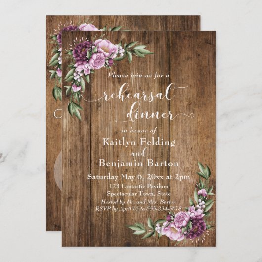 Rustiek Hout & Waterverf Bloemen repetitie diner Kaart (Voorkant / Achterkant)