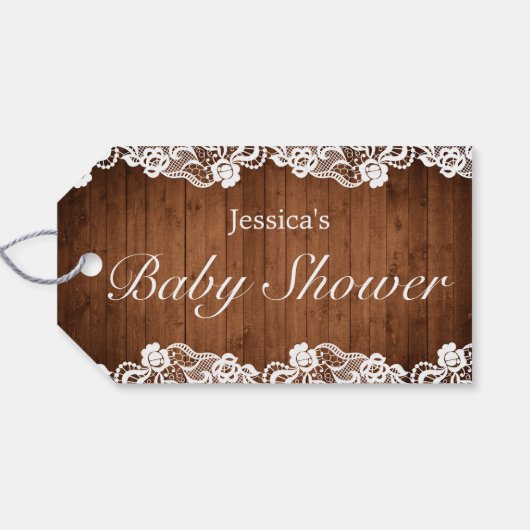 Rustiek hout & wit kant Baby shower Cadeaulabel (Achterkant Horizontaal)