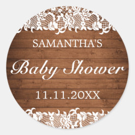 Rustiek hout & wit kant Baby shower Ronde Sticker
