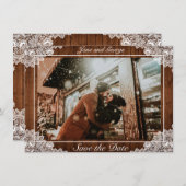 Rustiek hout & wit kant bruiloft foto save the date (Voorkant / Achterkant)