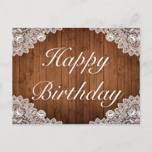 Rustiek Hout & Wit Kant Gelukkige Verjaardag Groet Aankondigingskaart