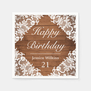 Rustiek Hout & Wit Kant Gelukkige Verjaardag Servet