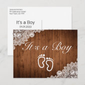 Rustiek hout & wit kant Het is een jongen Aankondigingskaart (Voorkant / Achterkant)