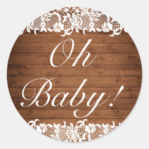Rustiek Hout & Wit Kant OH BABY Ronde Sticker