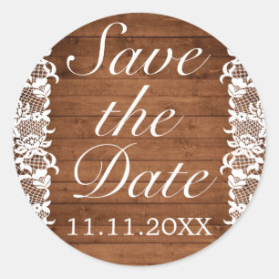 Rustiek Hout & Wit Kant Save the Date Bruiloft Ronde Sticker