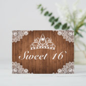 Rustiek hout & wit kant Tiara zoet 16 RSVP Kaartje (Staand voorkant)