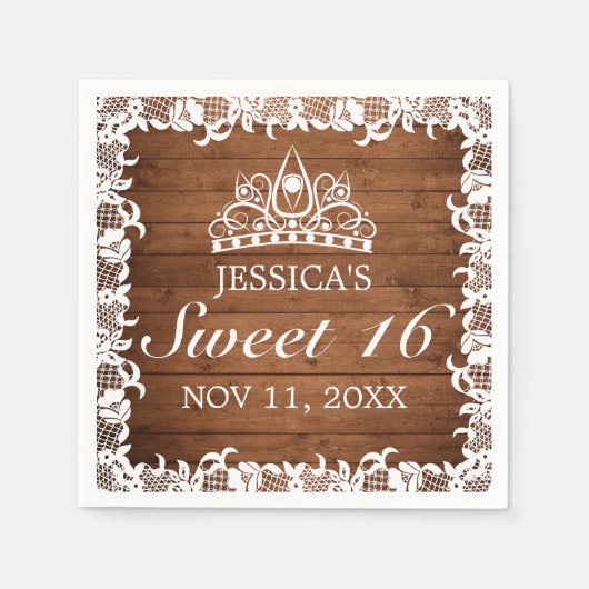 Rustiek hout & wit kant Tiara zoet 16 Servet (Voorkant)