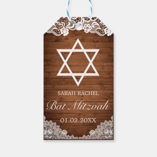 Rustiek Hout & Witte Kant Bat Mitzvah Cadeaulabel (Voorkant)
