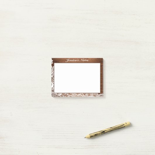 Rustiek Hout & Witte Kant Maatwerk Post-it® Notes (Op bureau)