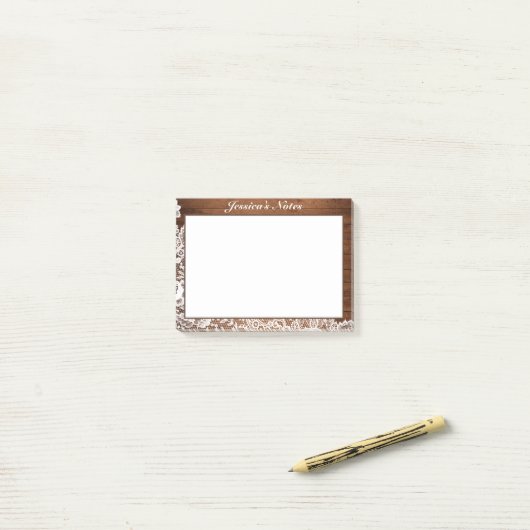 Rustiek hout & witte kant op maat post-it® notes (Op bureau)