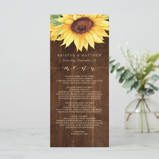 Rustiek Hout Zonnebloem Bloemen Waterverf Bruiloft Menu (Staand voorkant)