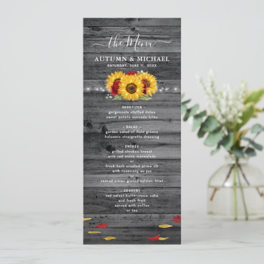 Rustiek hout Zonnebloem en Red Rose bruiloft Menu (Staand voorkant)
