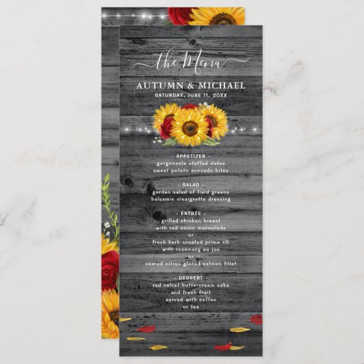 Rustiek hout Zonnebloem en Red Rose bruiloft Menu (Voorkant / Achterkant)