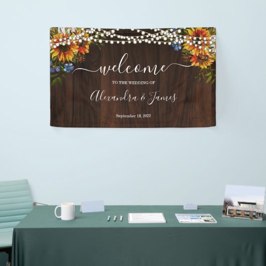 Rustiek Hout Zonnebloem String Lights Trouwbanner Spandoek (Beurs)