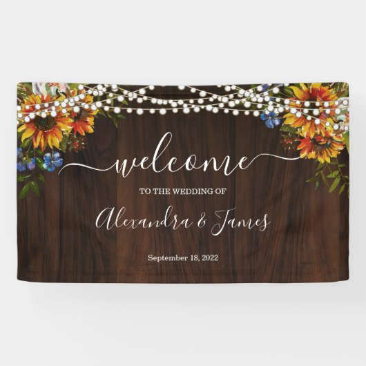 Rustiek Hout Zonnebloem String Lights Trouwbanner Spandoek (Horizontaal)