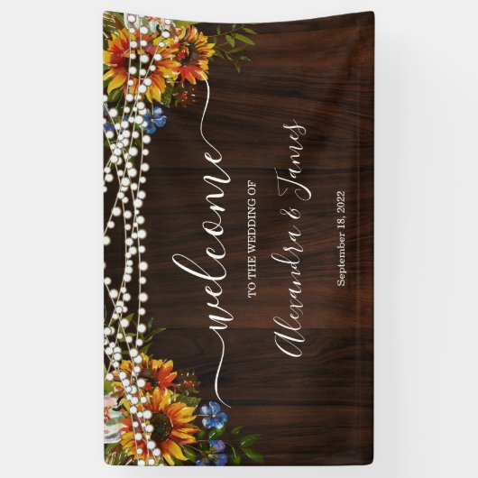 Rustiek Hout Zonnebloem String Lights Trouwbanner Spandoek (Verticaal)