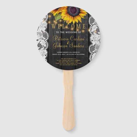 Rustiek hout zonnebloemen wit kant bruiloft ceremo handwaaier (Voorkant)