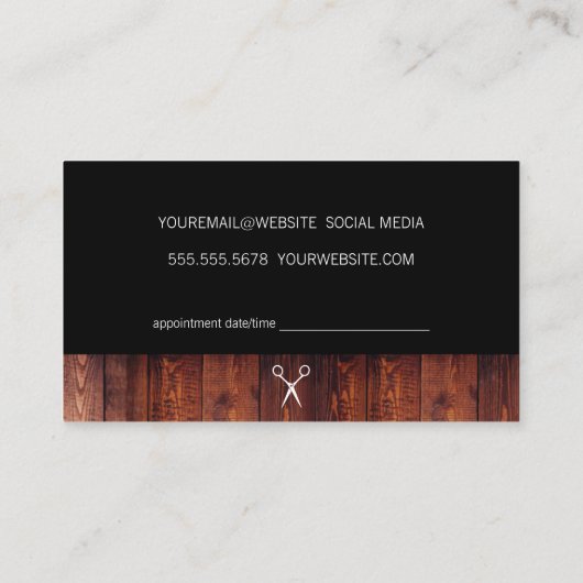 Rustiek hout zwart met schaarlogo afspraak afsprakenkaartje (Achterkant)
