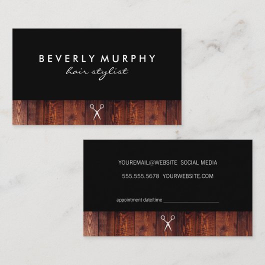 Rustiek hout zwart met schaarlogo afspraak afsprakenkaartje (Voorkant / Achterkant)