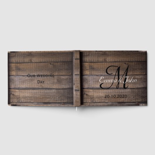 Rustiek hout zwart monogram bruiloft gastenboek (Volledig)