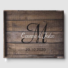 Rustiek hout zwart monogram bruiloft gastenboek