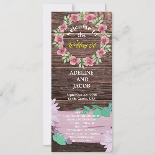 Rustiek Houten Bloemen Script Trouwprogramma Kaart (Voorkant)