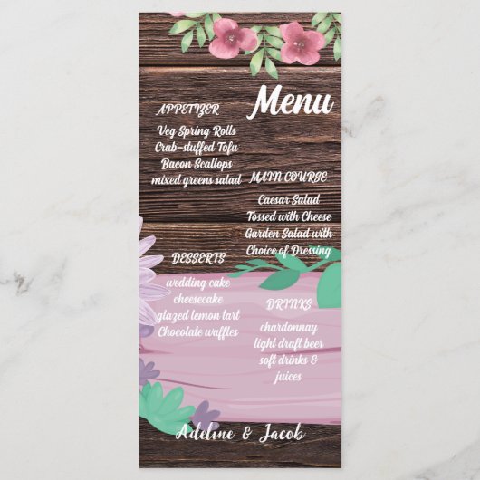 Rustiek Houten bloemenscript trouwkaart Menu (Voorkant)
