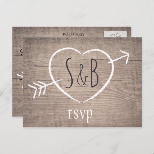 Rustiek Houten Hart Elegant Bruiloft RSVP Briefkaa Uitnodiging Briefkaart (Voorkant / Achterkant)