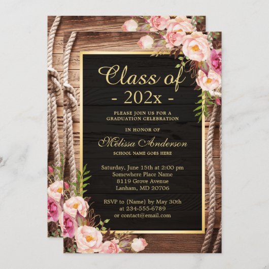 Rustiek Houten Land Bloemen Stijl Afstuderen Kaart (Voorkant / Achterkant)