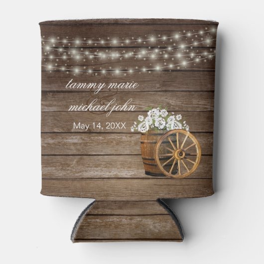 Rustiek houten vat met witte bloemen blikjeskoeler (Voorkant)