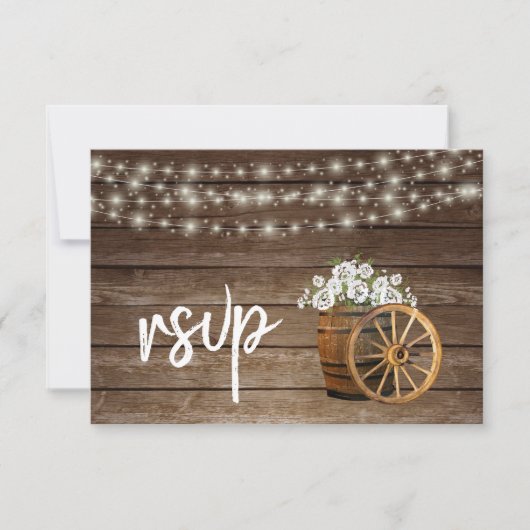 Rustiek houten vat met witte bloemen - RSVP Kaartje (Voorkant)