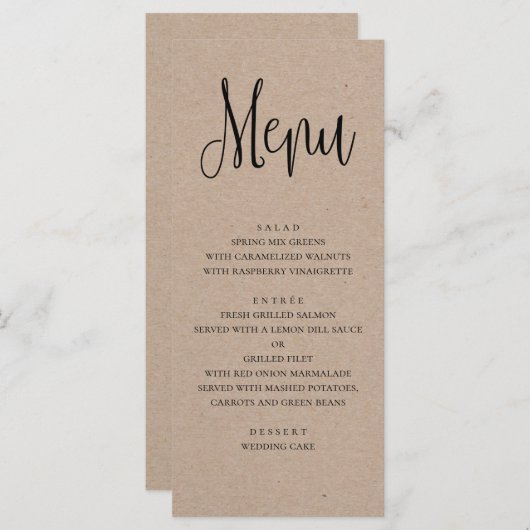 Rustiek huwelijksmenu. Modern kraft dinermenu Menu (Voorkant / Achterkant)