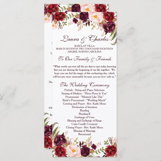Rustiek huwelijksprogramma Marsala Waterverf Flowe Programma (Voorkant / Achterkant)