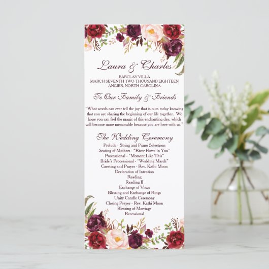 Rustiek huwelijksprogramma Marsala Waterverf Flowe Programma (Staand voorkant)