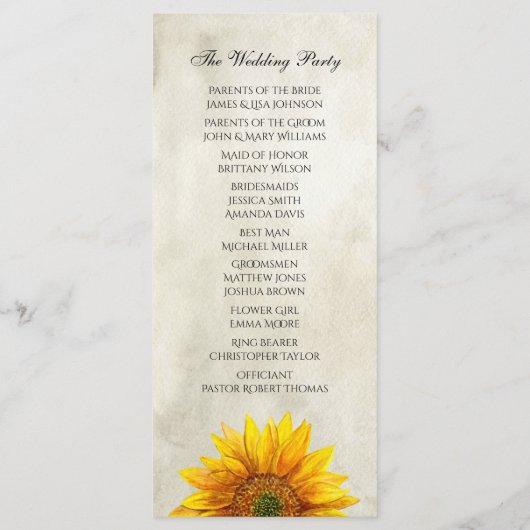 Rustiek huwelijksprogramma. Zonnebloem ceremonie k Programma (Achterkant)