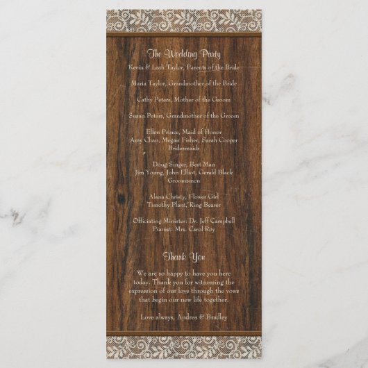 Rustiek Ivoor Lace Wood Wedding Program Programma (Achterkant)