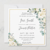 Rustiek Ivoor Wit Bloemen Eucalyptus Goud Bruiloft Kaart (Voorkant)