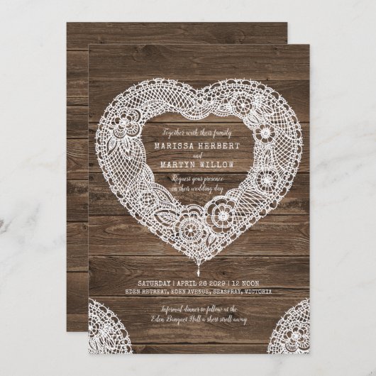 Rustiek kanten hart op hout bruiloft uitnodigingen (Voorkant / Achterkant)