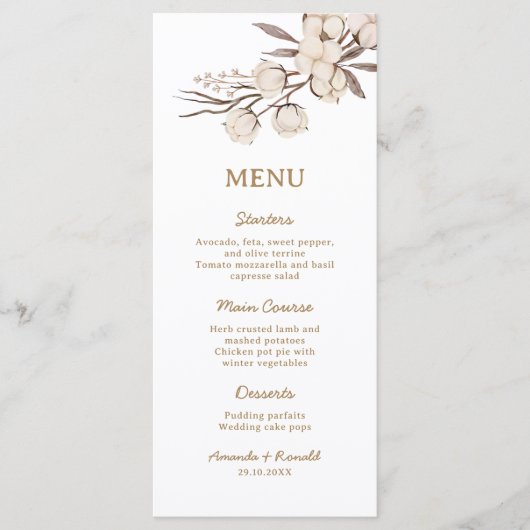 Rustiek Katoen Bloemen Bruiloft Menu (Voorkant)