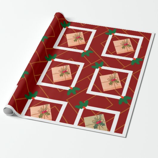 Rustiek kerstcadeau inpakpapier met Holly An (Uitgerold)