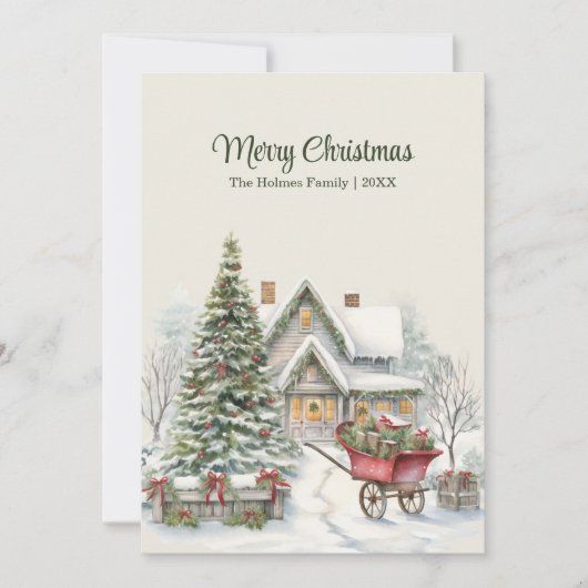 Rustiek kersthuisje met boom en rode wagen feestdagenkaart (Voorkant)