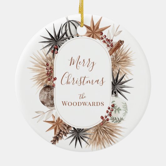 Rustiek kerstontwerp met familienaam keramisch ornament (Achterkant)