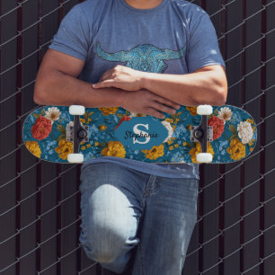 Rustiek Kleurrijk Bloempatroon in Blauw Skateboard