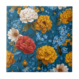 Rustiek Kleurrijk Bloempatroon in Blauw Tegeltje