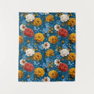 Rustiek Kleurrijk Bloempatroon in Blauw Wandkleed