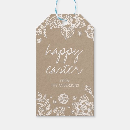 Rustiek Kraft Bloemen Happy Easter Gift Label Cadeaulabel (Voorkant)