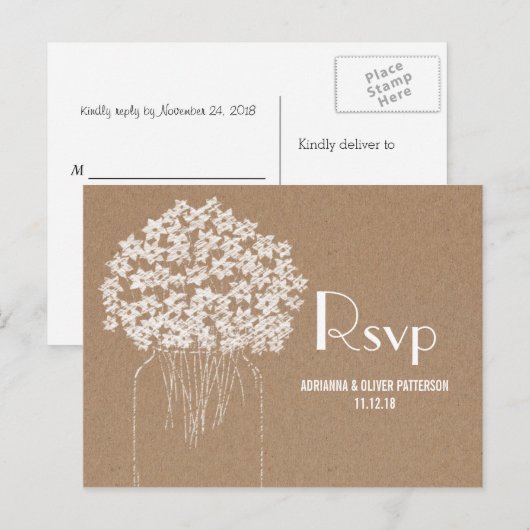 Rustiek Kraft Bruin Papier Bloemen Huwelijk RSVP Uitnodiging Briefkaart (Voorkant / Achterkant)