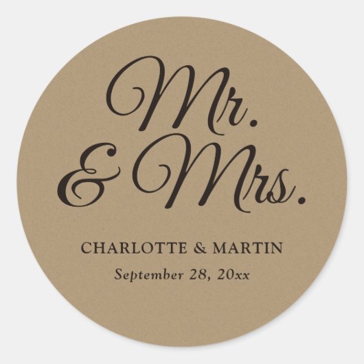 Rustiek Kraft papier Mr. en Mrs. Wedding Ronde Sticker (Voorkant)
