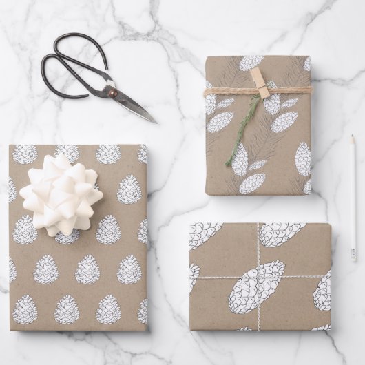 Rustiek Kraft Papier Witte Winter Pine Kegels Mode Inpakpapier Vel (Voorkant)
